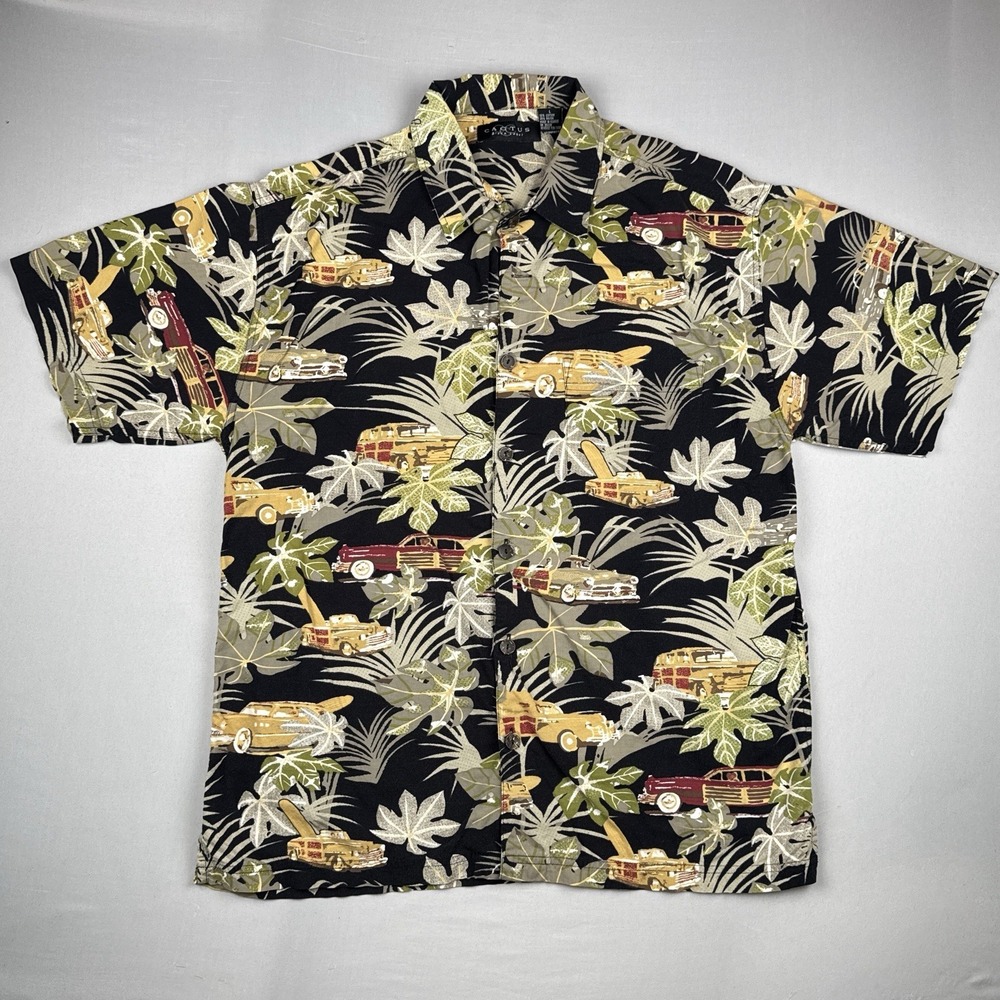 Vintage 90s Cactus Black Label Hawaiian Shirt Woodie Cars Tropical Large